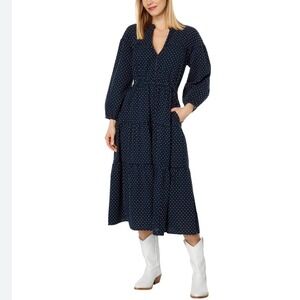 MADEWELL Dobby V-Neck Tiered Midi Dress Size S‎ jacquard navy blue